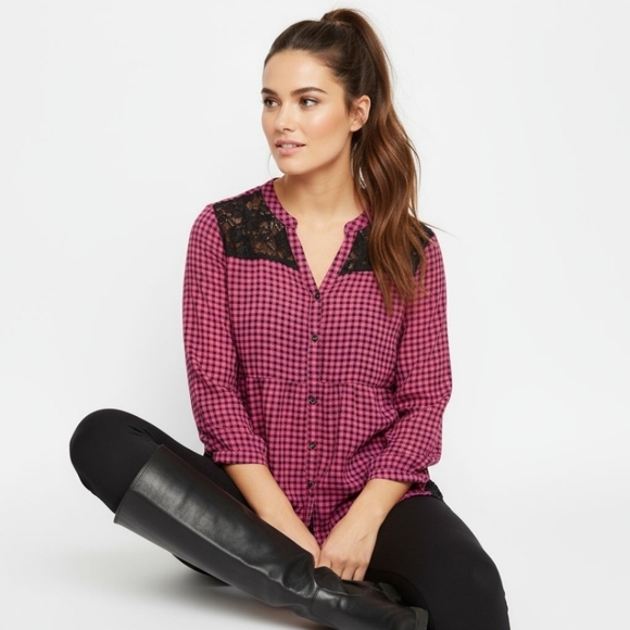 TORRID Plus Size Pink & black plaid lace button front blouse 2X - Picture 1 of 15